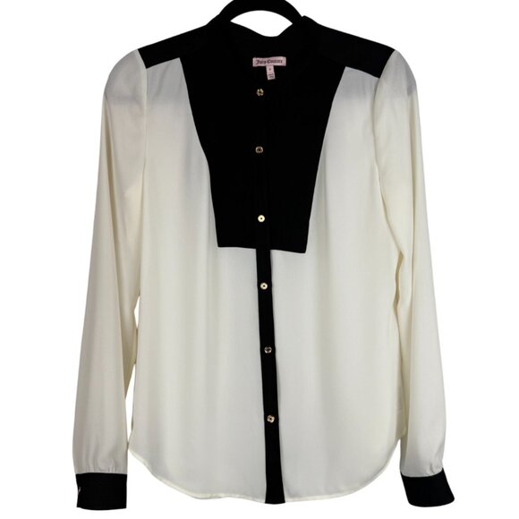 Juicy Couture Black/White Tuxedo Long Sleeve Button Up Office Blouse - Small - Picture 2 of 6